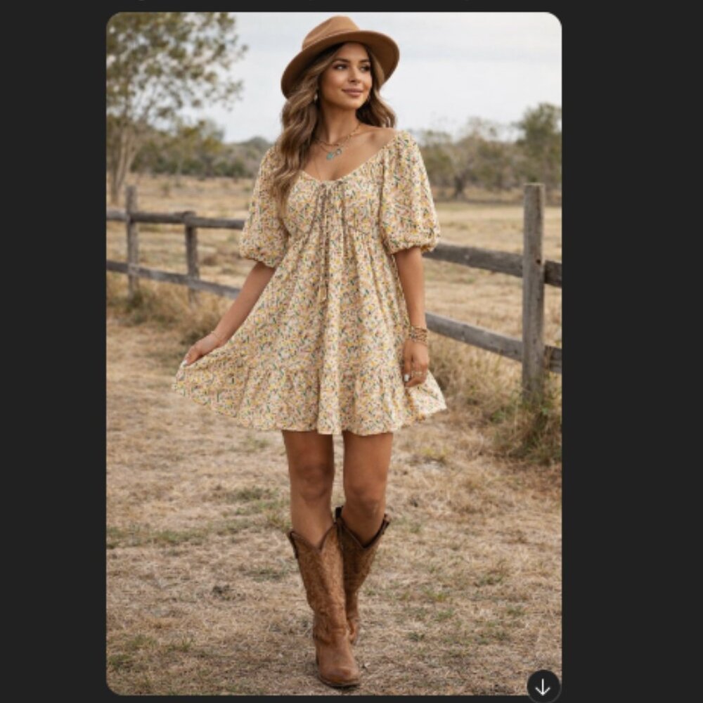 Yellow Floral Dress Prairie Milkmaid Ditsy Babydoll Ruffle Puff Sleeve Large